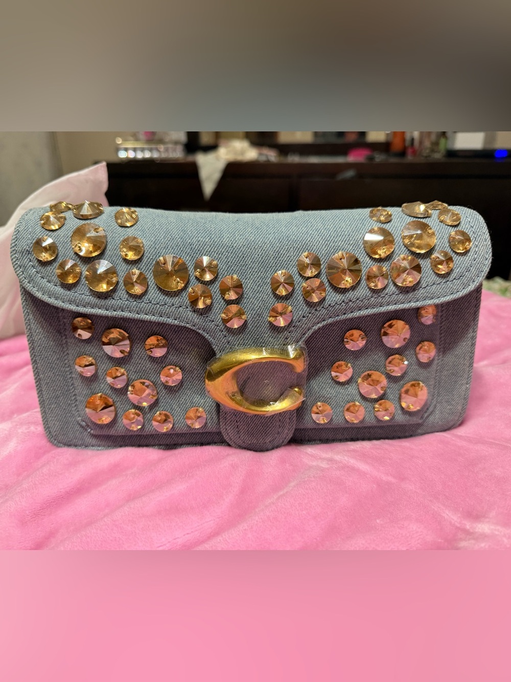 Denim Clutch with Gold C Hardware and Pink Crystal Studs